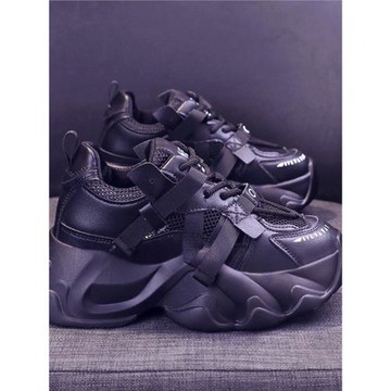 黑色運動鞋女款夏透氣2024新款網鞋百搭輕便厚底增高鞋休閑老爹鞋