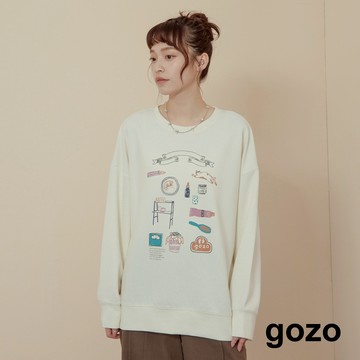 【gozo】➤繪畫風居家小物印花大學T(灰色/米白_F) | 女裝 圓領 百搭