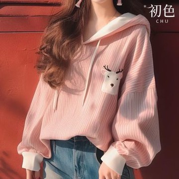 初色 條紋拼接撞色動物印花連帽抽繩長袖連帽T恤上衣-粉色-38151(M-3XL可選)