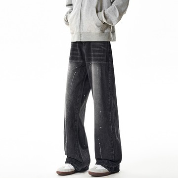 【HOT 本舖】男装cleanfit秋季冬季新款男款牛仔褲寬鬆直筒美式ins高街噴墨男式休閒褲子