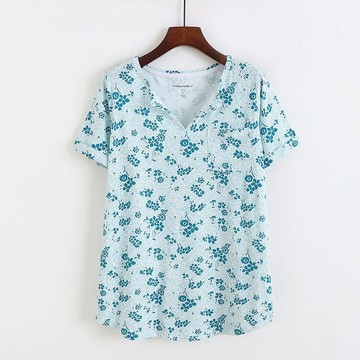 V領碎花棉T恤 女夏新款加肥大碼休閑打底衫 氣質寬松上衣 A/2-3