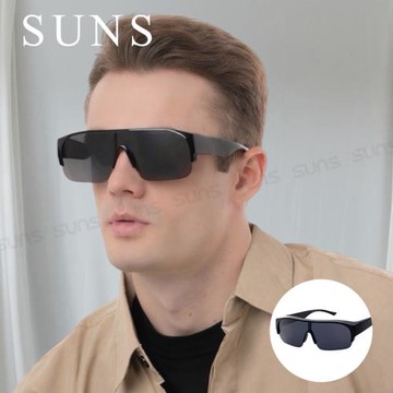 【SUNS】休閒偏光運動眼鏡 黑灰大框套鏡 抗藍光+抗UV400/防眩光/可單戴/眼鏡族首選