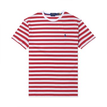 Polo Ralph Lauren RL 熱銷刺繡小馬素面短袖T恤 上衣-紅白橫條紋色