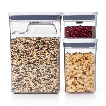 美國 OXO - POP 長方按壓保鮮盒超值三件組(含POP匙)-含長方按壓保鮮盒-O.6L*1+1.6L*1+2.6L*1及POP匙-120...