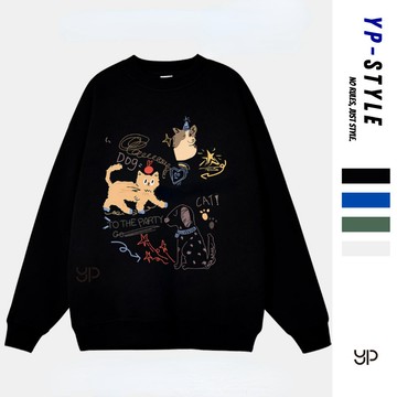 ✨隔日到貨！秒發貨✨oversize 無帽圓領大學T 貓狗派對印花大學T 韓版 潮牌 潮流 重磅 加絨 加厚大學T