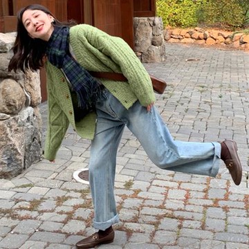 日系麻花毛衣針織外套女溫柔復古寬松慵懶風綠色開衫秋冬外穿2025