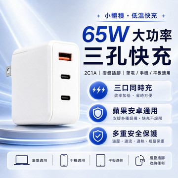高導熱氣凝膠散熱❄65W氮化鎵充電頭 氮化鎵充電器 GAN充電器PD快充充電頭 快速充電器 筆電手機通用 高效三孔同充