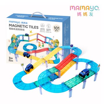 【mamayo】星鑽透光磁力片-電動軌道跑跑組101pcs(拼圖/建構/開放式玩具/教具/建築/附2台積木電動車)