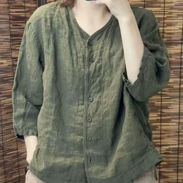 大碼女裝胖mm復古棉麻襯衫2025夏季寬松百搭中袖文藝休閑襯衣上衣