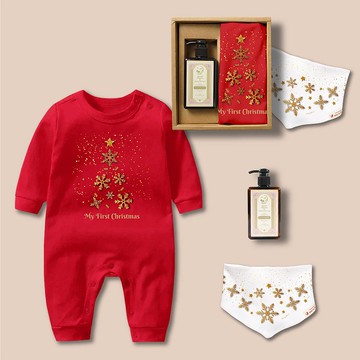 金色雪花聖誕樹 長袖連身衣+三角巾+沐浴露3件組禮盒 聖誕紅 客製