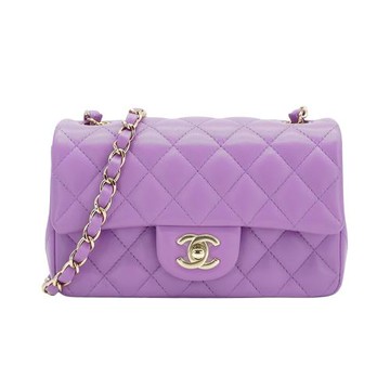 Chanel 展示品 Mini Flap 菱格羊皮淡金鍊斜背包-20cm(A69900-紫)