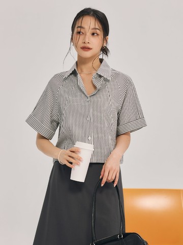 條紋廓型五分寬袖襯衫