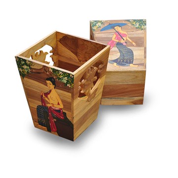 東南亞工藝實木創意臥室垃圾桶客廳高檔家用彩繪垃圾桶收納桶紙簍1入