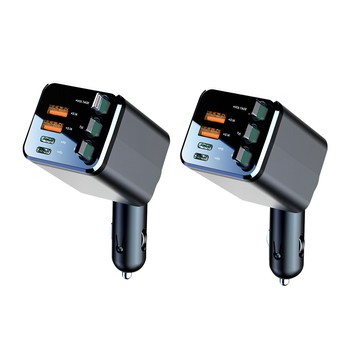 KEYIE 七合一120W數顯車用充電器 USB+TYPE-C+lighting 自帶伸縮線車充 PD快充 車載充電器 點煙器擴充座