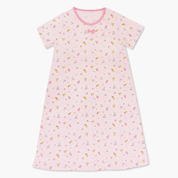 Annypepe - 女童純棉鳥語花香短袖居家睡衣洋裝-淺粉 (130-150cm)