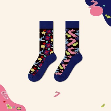 不對稱襪子女中筒襪長襪ab襪可愛錯配兔子公園