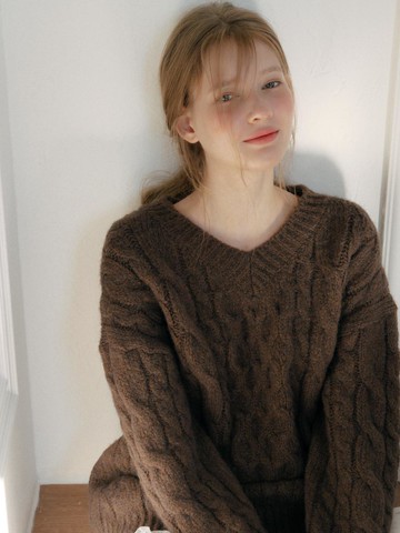 Vintage Cable V neck Knitwear_3 Colors