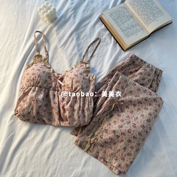 帶胸墊睡衣女士夏款碎花吊帶家居服夏季長褲套裝2025新款高端性感