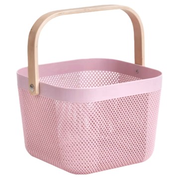 樂嫚妮 木柄手提籃 塑膠+木質+鐵件材質 時尚白/橄欖黃/莫蘭迪藍  24.6 x 24.2 x 18.2cm  粉色  1個
