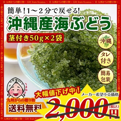 宮古島産（生）海ぶどう２キロ 茎つき（250ｇ×８パック）タレ16袋付 ...