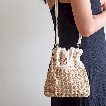 法式撞色網格兩用束口袋 含內裏 可拆式背帶 bahnhof手作