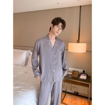 男士睡衣2022年春秋新款冰絲字母條紋長袖套裝簡約高級外穿家居服