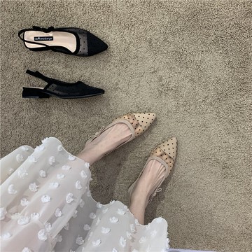 法式仙女2022年春夏尖頭復古小香風網紗波點蝴蝶結低跟單鞋春款