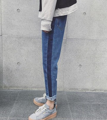 FINDSENSE品牌 男 時尚 街頭 潮 簡約 褲邊撞色 後腳字母印花 休閒牛仔褲 小腳褲 九分褲