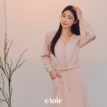 小香風造型釦拼接棉質裙裝SET-粉