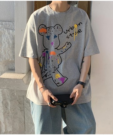 FINDSENSE X  涂鴉卡通熊印花短袖T恤男潮流寬鬆休閑學生T恤衫