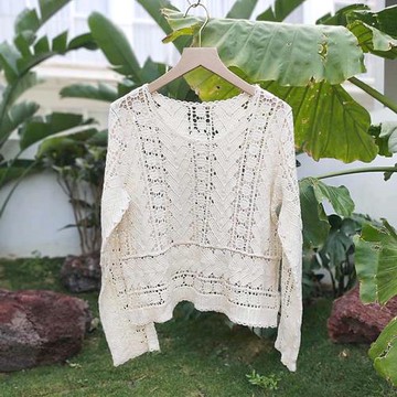 春夏蕾絲新款百搭柔軟黑色棉線鏤空鉤花刺繡花女打底套頭長袖罩衫