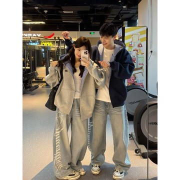 美式復古撞色格紋寬松連帽外套男女2025春秋新款百搭休閑情侶上衣