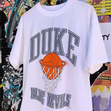 duke籃球大學美式復古街頭滑板嘻哈穿搭白色百搭短袖T恤寬松大碼
