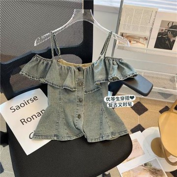 韓版chic性感一字領吊帶襯衫女夏季氣質修身顯瘦小衫露肩牛仔上衣