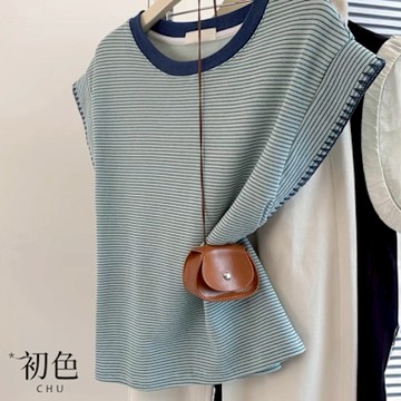 初色 港式透氣復古風拼接撞色條紋小飛袖T恤上衣女上衣-綠色條紋-12235(M-2XL可選)
