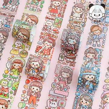 🍋檸檬青🍋新款現貨多多穿搭系列8款4cm*3m自帶離型紙膠帶PET防水卡通貼紙手帳咕卡裝飾素材