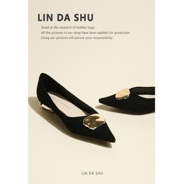 【林大叔】尖頭單鞋女2025新款低跟鞋粗跟法式真皮方扣平底鞋黑色