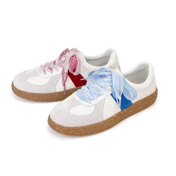 格漾日記德訓鞋  厚底小白鞋 格紋蝴蝶結 異材質拼接 舒適休閒鞋  韓系甜酷 ROBINLO( DARCEY莓果/暮藍)