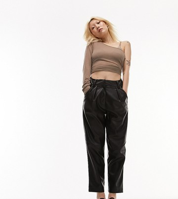 Topshop Petite faux leather high waist pleated peg trouser in black