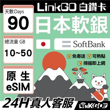 【LinkGO】日本軟銀原生eSIM 90天 總流量10~50GB 多天數 Softbank 白鑽卡 原生線路 可熱點