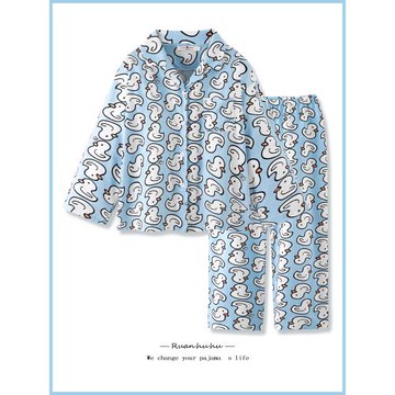 『小白鴨』日系の卡通可愛藍色純棉睡衣女款春秋季長袖家居服套裝