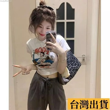 🌈台倉出庫🌈 短袖T寬鬆上衣短袖上衣女生T恤寬短t辣妹純慾風卡通印花短袖T恤女夏新款修身顯瘦百搭露臍打底衫上衣