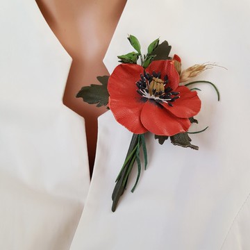 皮革胸針 紅色罌粟花 獻給她或他 手工皮革飾品