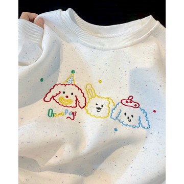 43T00W06🌸追加到貨韓國🇰🇷同步🌸超友質感 彩點刺繡壽星狗狗 圓領質感 長袖 大學T 無刷毛