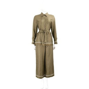 Max Mara STUDIO 100%桑蠶絲 卡其綠幾何圖騰綁帶套裝(上衣+長褲)