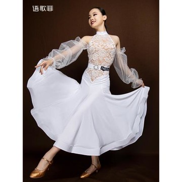 語歌菲摩登舞裙新款兒童專業演出蕾絲比賽服交誼舞連衣裙大擺女童