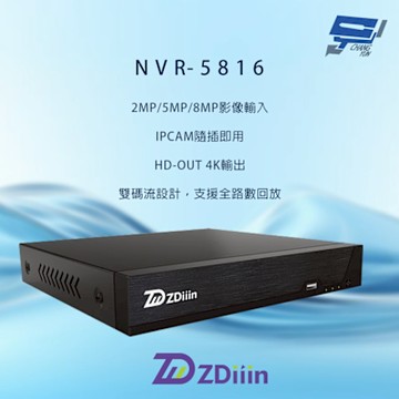 昌運監視器  ZDiiin  NVR-5816  800萬畫素 16路 AI智能偵測 雙碼流 全路數回放 網路型錄影主機