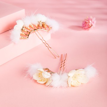 【桃華夢】漢服配飾毛球絹花排簪頭飾U釵發釵古風簪子女學生發飾