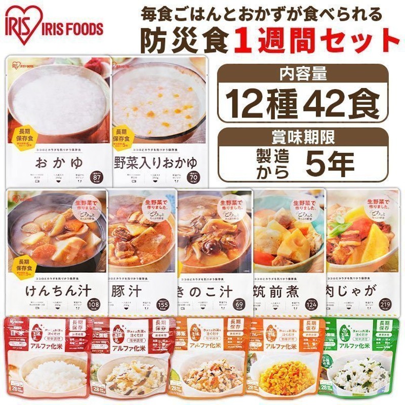 非常食 セット アルファ米 7日分 長期保存 白米 ご飯 非常食セット 災害 保存食 台風 地震 5年保存 12種42食セット 7930g  アイリスフーズ 通販 LINEポイント最大0.5%GET | LINEショッピング