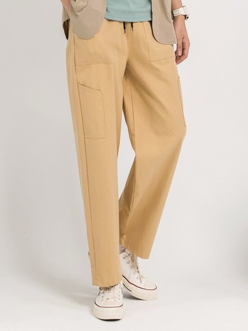 棉質素色鬆緊腰抽繩拼接口袋直筒長褲